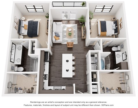 2 bedroom floor plan at Artisan Flats in Birmingham, AL